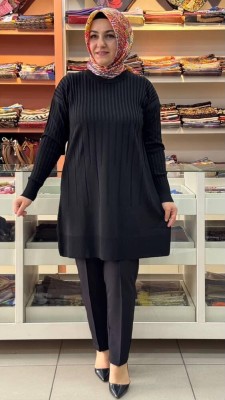  - İnce Çizgili Merserize Triko Tunik Siyah/1825