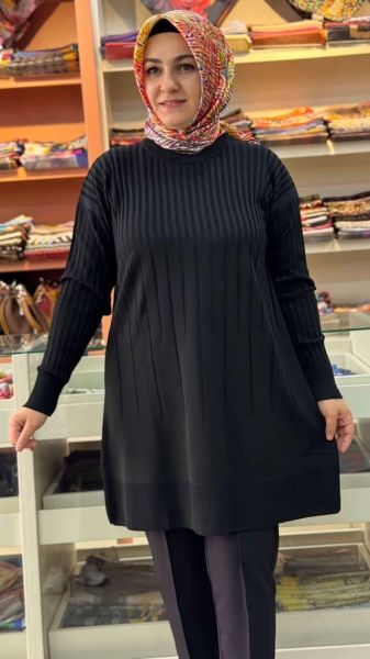 İnce Çizgili Merserize Triko Tunik Siyah/1825