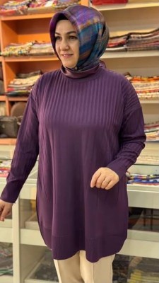 İnce Çizgili Merserize Triko Tunik Mor/1825 - Thumbnail