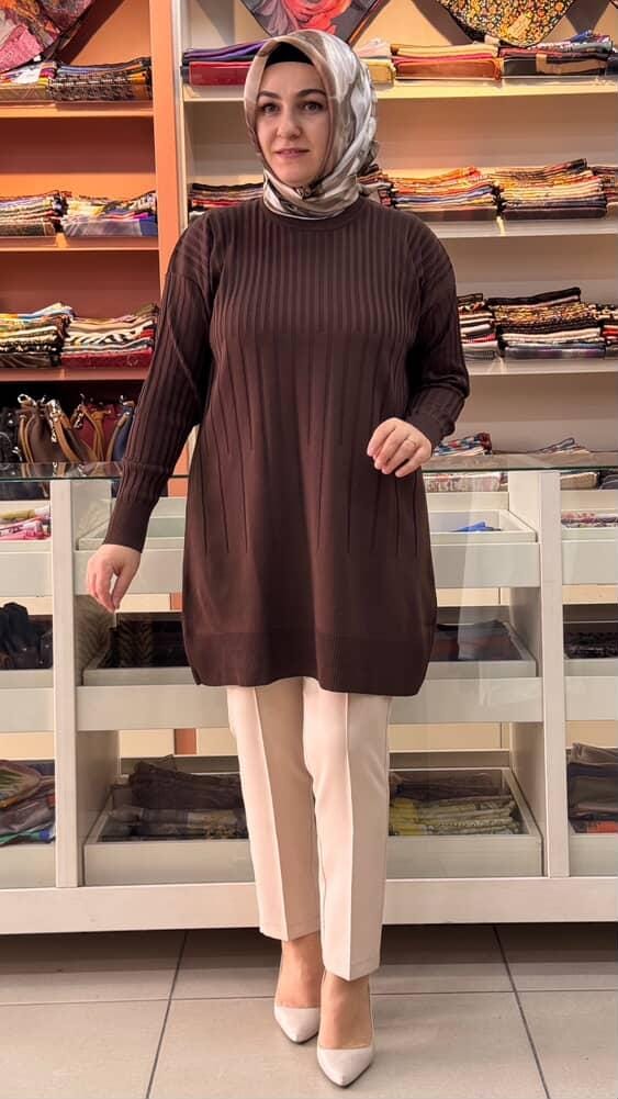  - İnce Çizgili Merserize Triko Tunik Kahve/1825