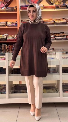  - İnce Çizgili Merserize Triko Tunik Kahve/1825