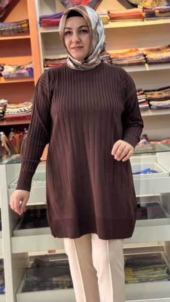 İnce Çizgili Merserize Triko Tunik Kahve/1825
