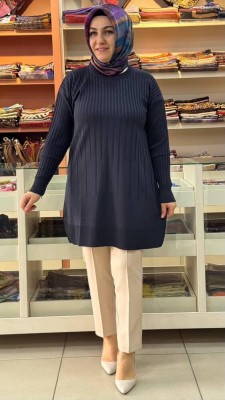  - İnce Çizgili Merserize Triko Tunik Lacivert/1825