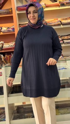 İnce Çizgili Merserize Triko Tunik Lacivert/1825 - Thumbnail