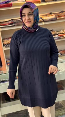 İnce Çizgili Merserize Triko Tunik Lacivert/1825 - Thumbnail
