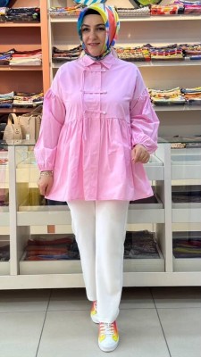 Bwest - İnci Düğme Detaylı Tunik Pembe/71302