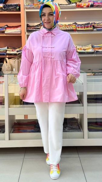İnci Düğme Detaylı Tunik Pembe/71302