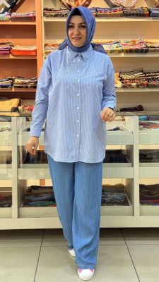 Ekru - İnci Ve Taş Detaylı Çizgili Tunik Mavi/30341