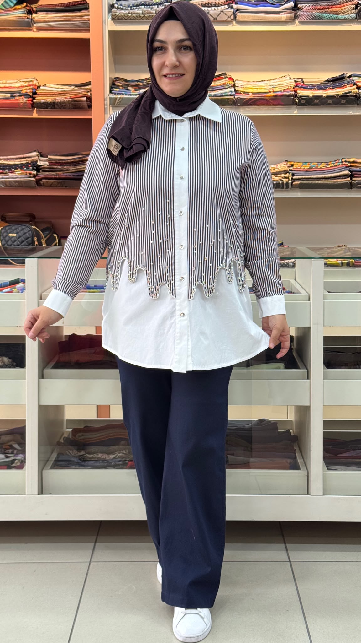 Puane - İnci Ve Zımba Detaylı Çizgili Tunik Bordo/10792