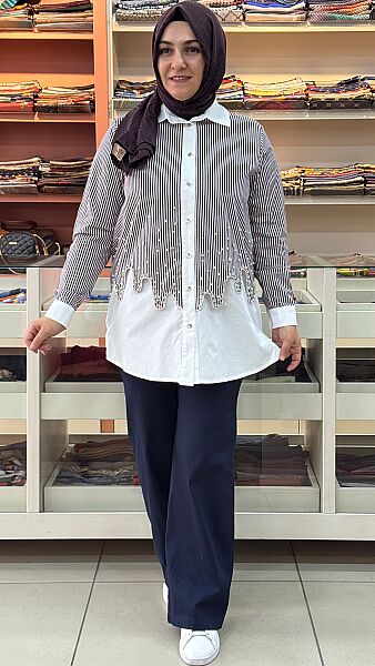 İnci Ve Zımba Detaylı Çizgili Tunik Bordo/10792