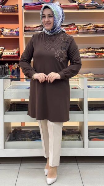 İncili Daire Desenli Tunik Kahve/1623