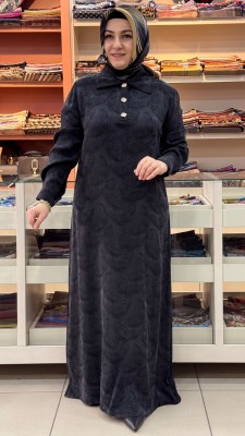 İnza Moda - İpek Cupra Taş Düğmeli Elbise Siyah/5281