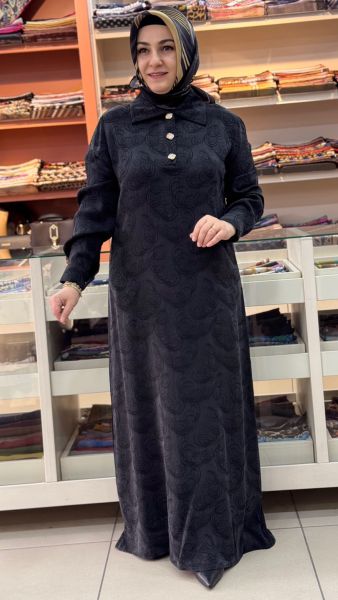 İpek Cupra Taş Düğmeli Elbise Siyah/5281