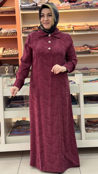 İpek Cupra Taş Düğmeli Elbise Bordo/5281