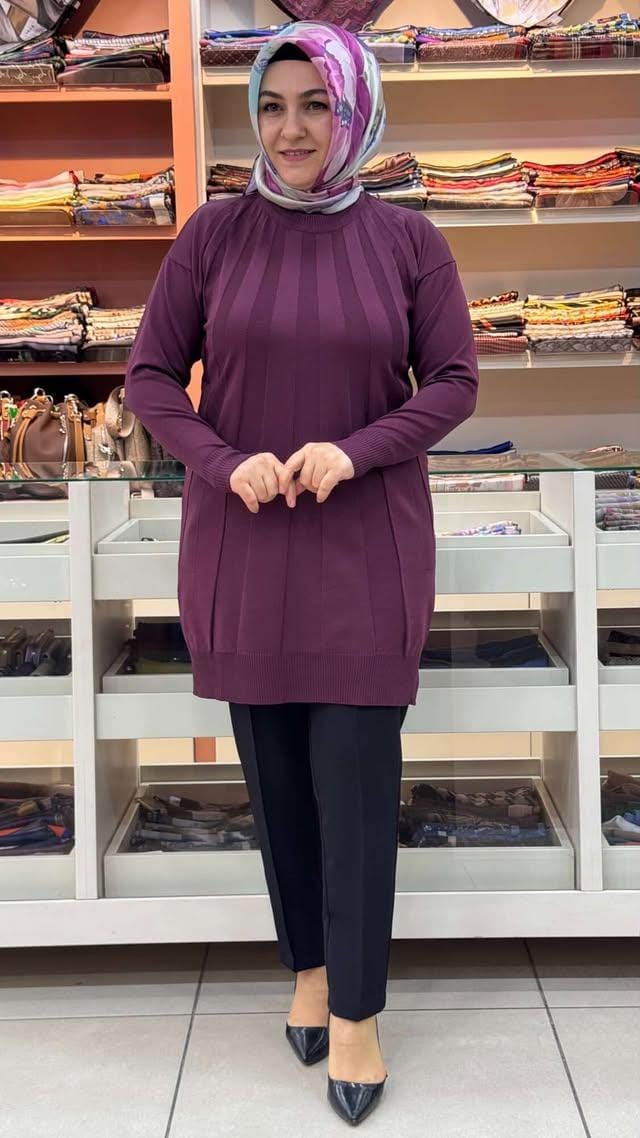  - Işın Çizgili Triko Tunik Mürdüm/3190