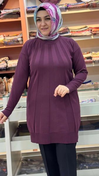 Işın Çizgili Triko Tunik Mürdüm/3190