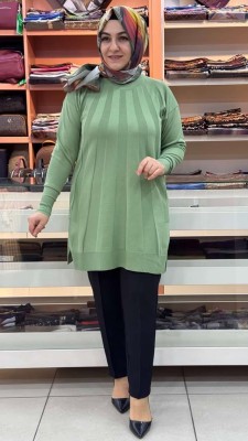 Işın Çizgili Triko Tunik Fıstık Yeşili/3190 - Thumbnail