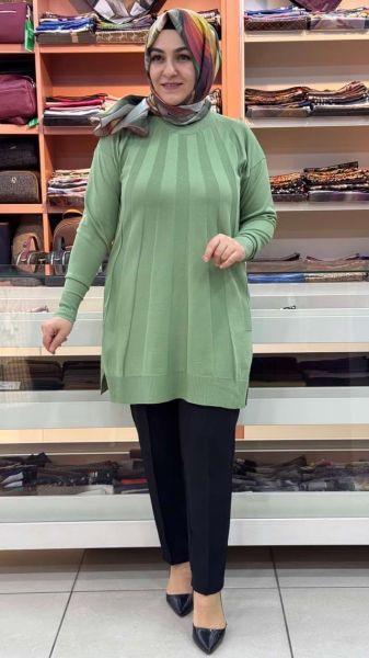 Işın Çizgili Triko Tunik Fıstık Yeşili/3190