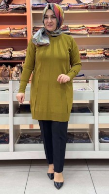  - Işın Çizgili Triko Tunik Yağ Yeşili/3190
