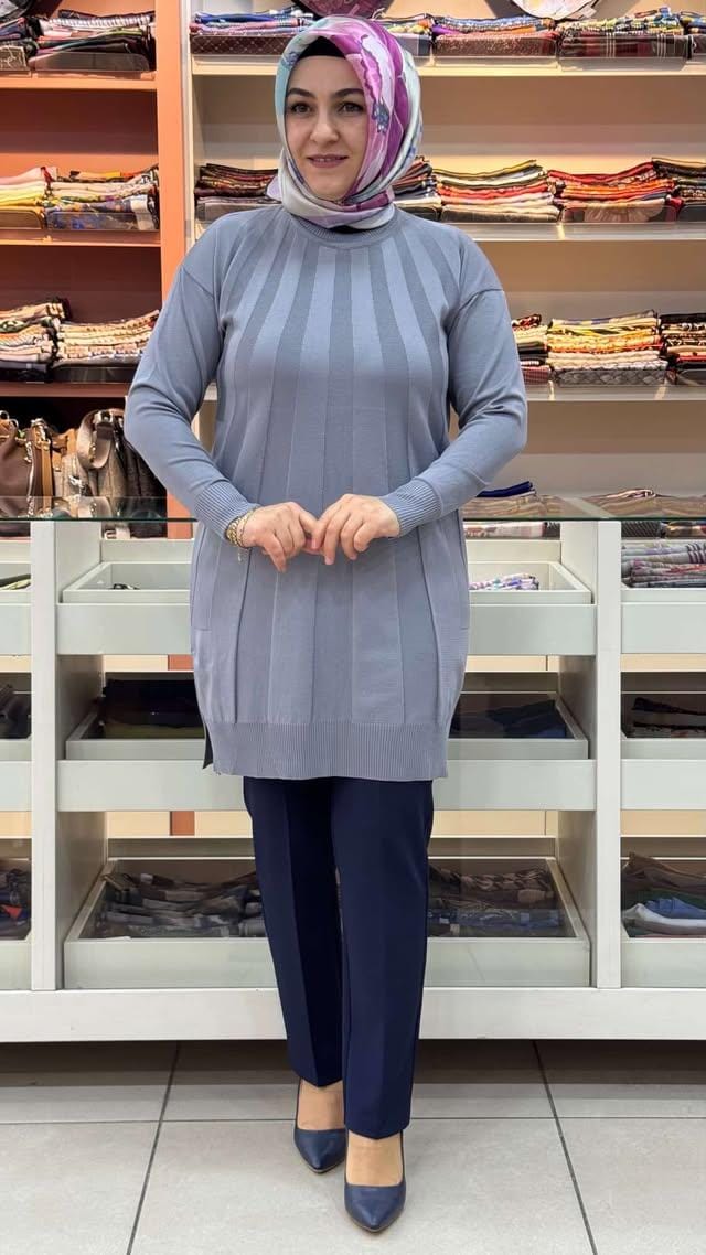 - Işın Çizgili Triko Tunik Gri/3190