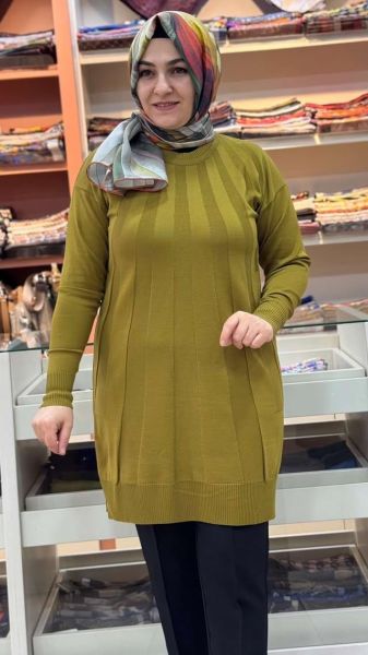 Işın Çizgili Triko Tunik Yağ Yeşili/3190