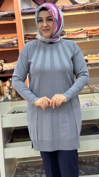 Işın Çizgili Triko Tunik Gri/3190
