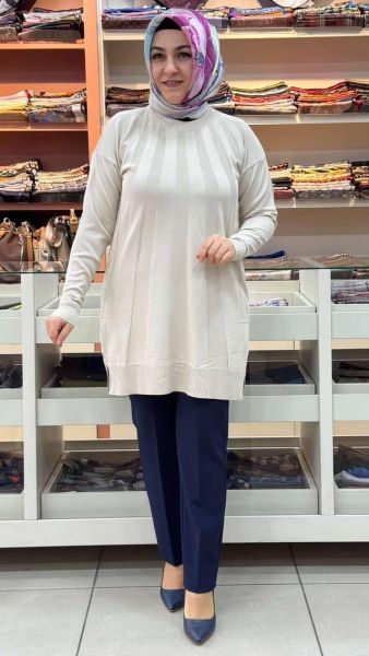 Işın Çizgili Triko Tunik Krem/3190