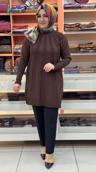 Işın Çizgili Triko Tunik Acı Kahve/3190