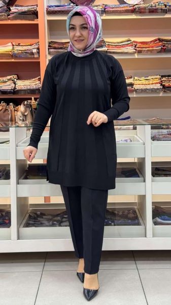 Işın Çizgili Triko Tunik Siyah/3190