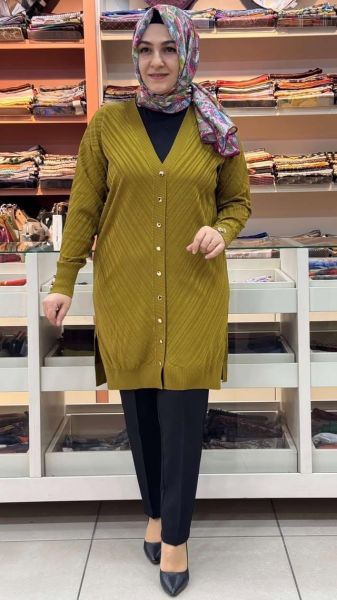 Jakar Desenli Triko Hırka Yağ Yeşili/3198