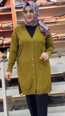 Jakar Desenli Triko Hırka Yağ Yeşili/3198 - Thumbnail