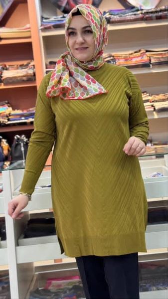 Jakar Desenli Triko Tunik Yağ Yeşili/3192