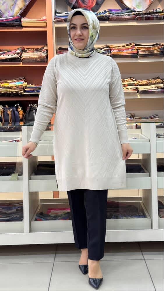  - Jakar Desenli Triko Tunik Krem/3192
