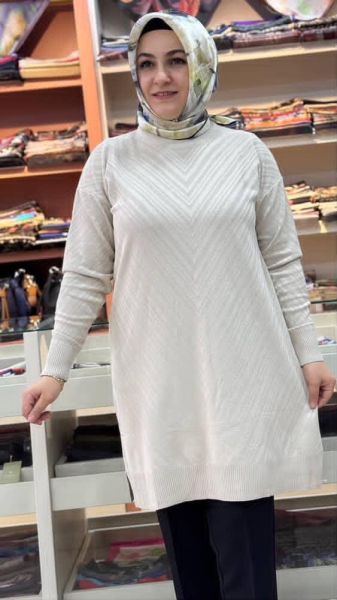 Jakar Desenli Triko Tunik Krem/3192