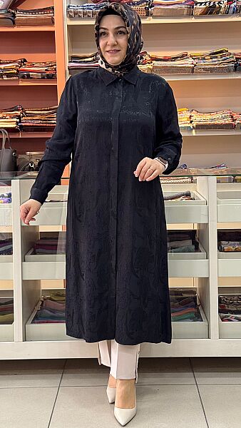 Jakarlı Kumaş Kendinden Desenli Tunik Siyah/4217 