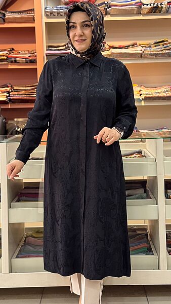 Jakarlı Kumaş Kendinden Desenli Tunik Siyah/4217 