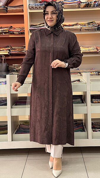 Jakarlı Kumaş Kendinden Desenli Tunik Kahve/4217