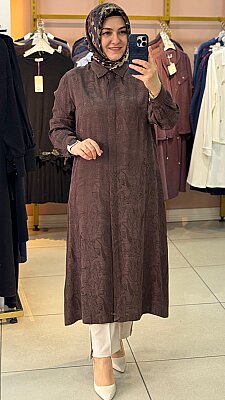 Jakarlı Kumaş Kendinden Desenli Tunik Kahve/4217 - Thumbnail