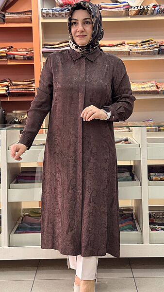 Jakarlı Kumaş Kendinden Desenli Tunik Kahve/4217