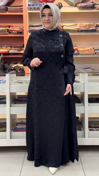Jakarlı Çiçek Desen Elbise Siyah/3019