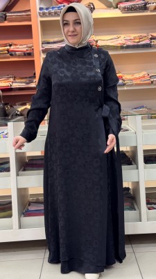 Jakarlı Çiçek Desen Elbise Siyah/3019 - Thumbnail