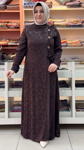 Jakarlı Çiçek Desen Elbise Kahve/3019