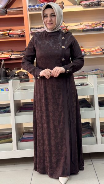 Jakarlı Çiçek Desen Elbise Kahve/3019