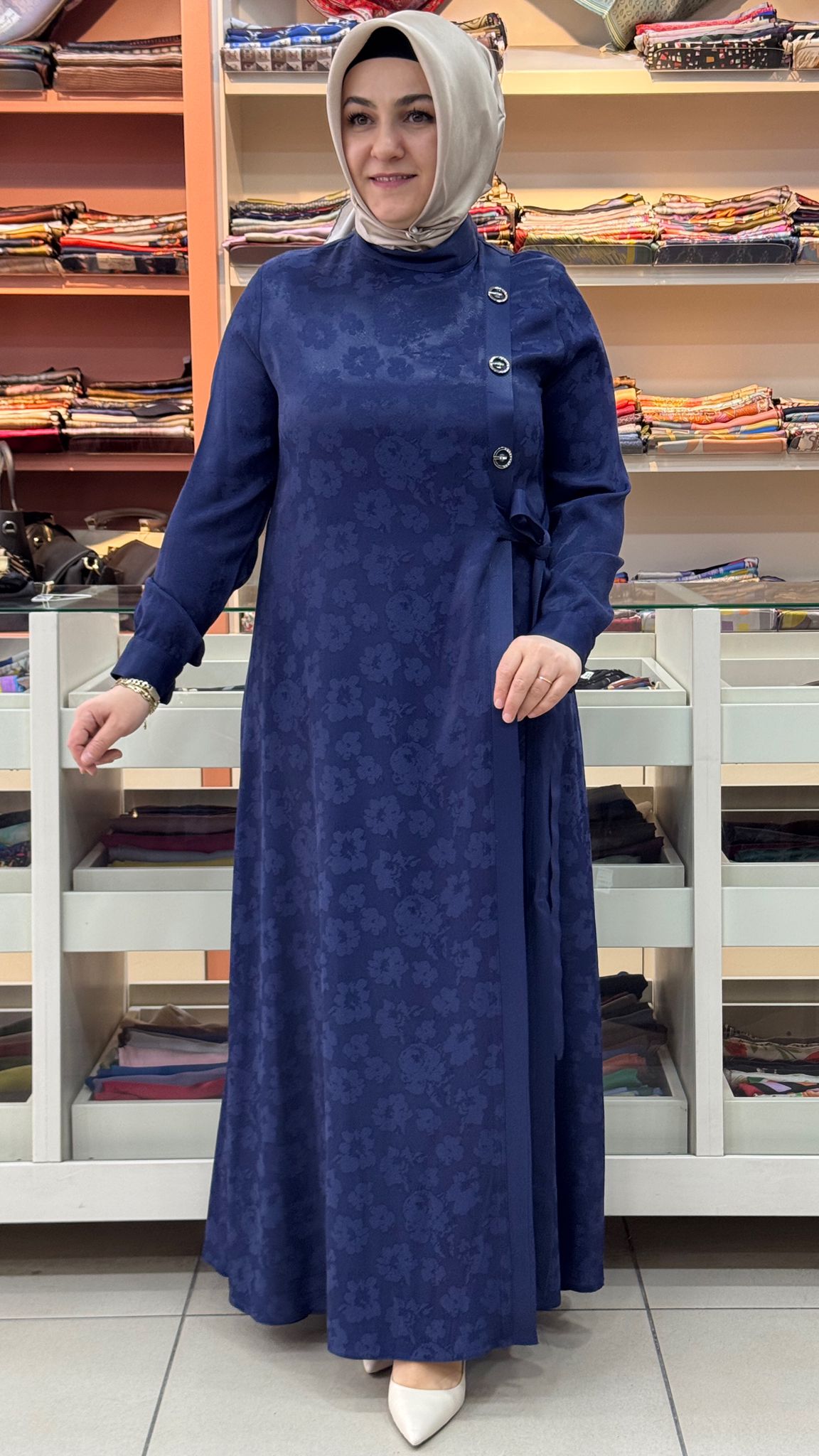 Dua&MisS - Jakarlı Çiçek Desen Elbise Lacivert/3019