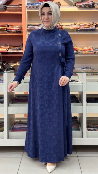 Jakarlı Çiçek Desen Elbise Lacivert/3019