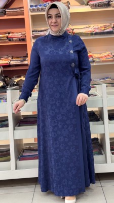 Jakarlı Çiçek Desen Elbise Lacivert/3019 - Thumbnail