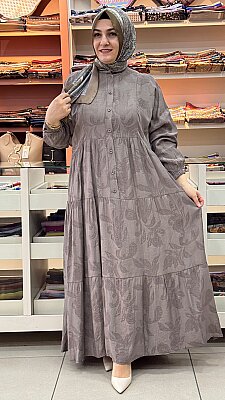 İnza Moda - Jakarlı Düğmeli Elbise Kahve/5285