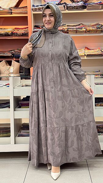 Jakarlı Düğmeli Elbise Kahve/5285