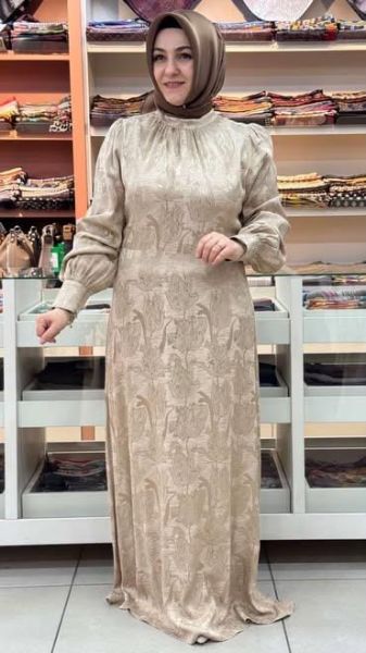 Jakarlı Elbise Bej/5095