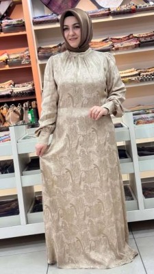 Jakarlı Elbise Bej/5095 - Thumbnail